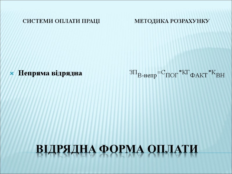 відрядна форма оплати Системи оплати праці  Методика розрахунку     Непряма